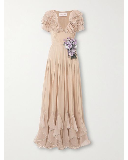 Valentino Garavani Natural Belted Ruffled Embellished Silk-Georgette Gown