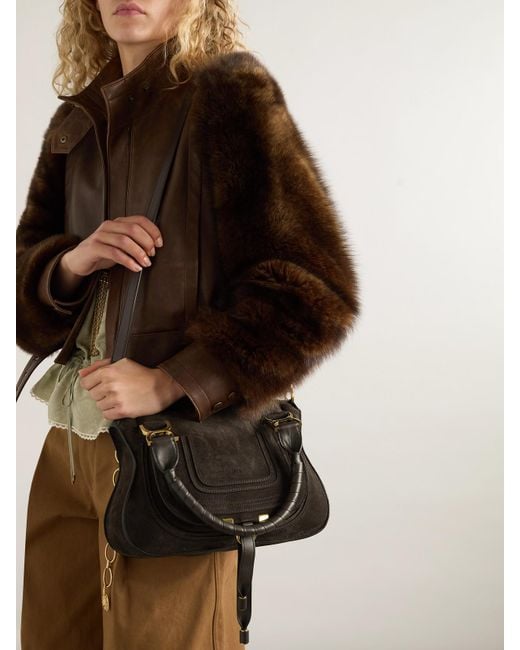 Chloé Brown Marcie Kleine Schultertasche Aus Veloursleder Mit Lederbesätzen