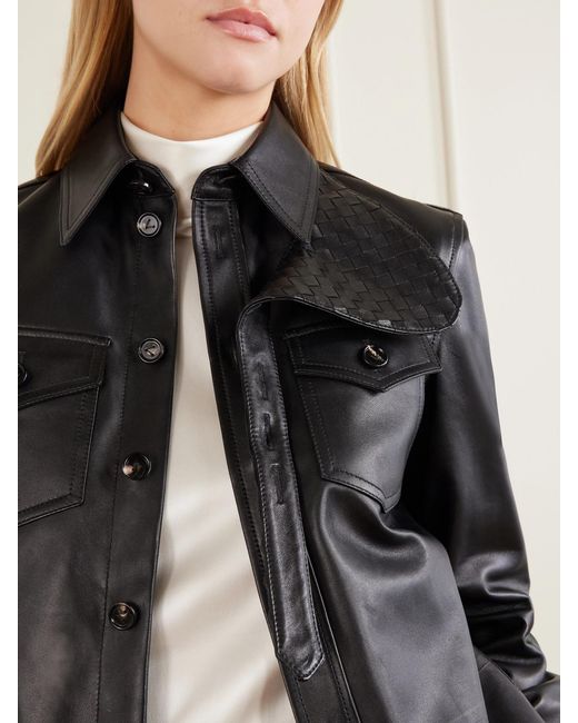 Bottega Veneta Black Intrecciato-Trimmed Leather Shirt
