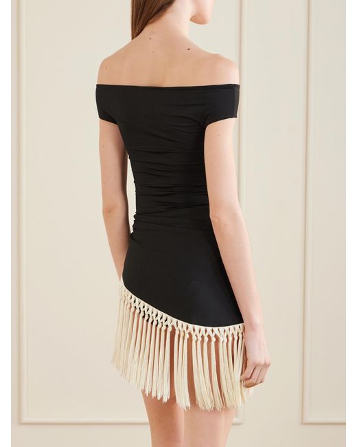 Taller Marmo Black Mini Romy Fringed Off-Shoulder Swimsuit