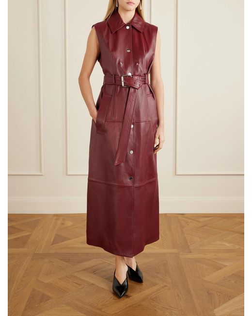 Sportmax Red Belted Leather Trench Coat