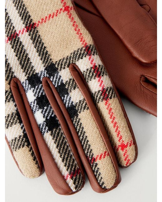 Burberry Brown Checked Leather And Wool Gloves