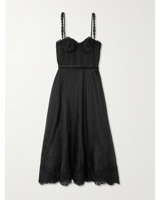 Zimmermann Black Hypnotic Picnic Midikleid Aus Einer Leinen-Seidenmischung Mit Spitzenbesätzen Und Gürtel