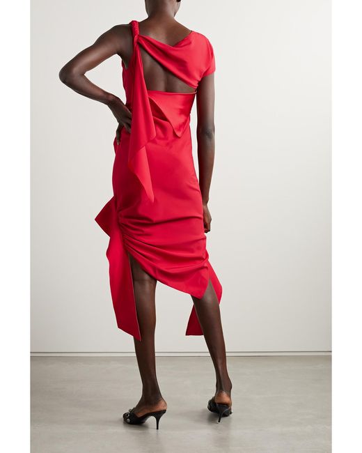 Commission Red Asymmetric Cutout Stretch-Silk Satin Midi Dress
