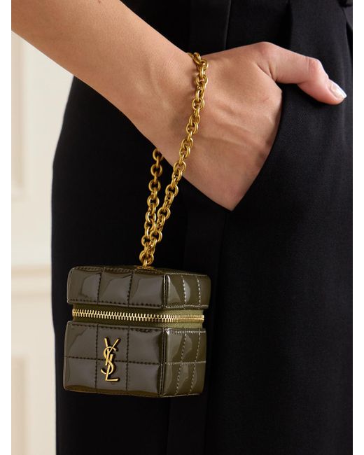 Saint Laurent Green Cassandre Micro Cube Quilted Patent-Leather Pouch