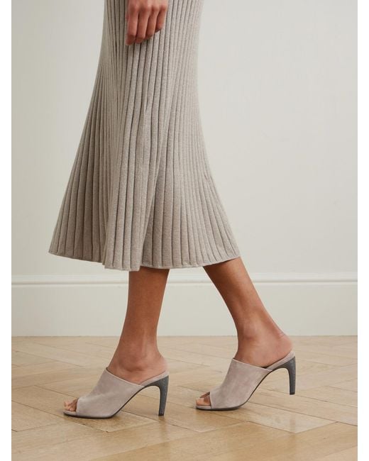 Brunello Cucinelli White 80 Bead-Embellished Suede Mules