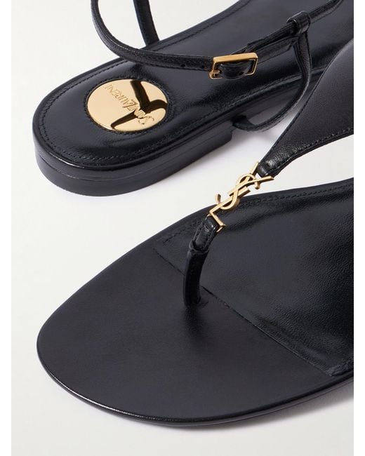 Saint Laurent Black Cassandre Logo-Embellished Leather Slingback Sandals