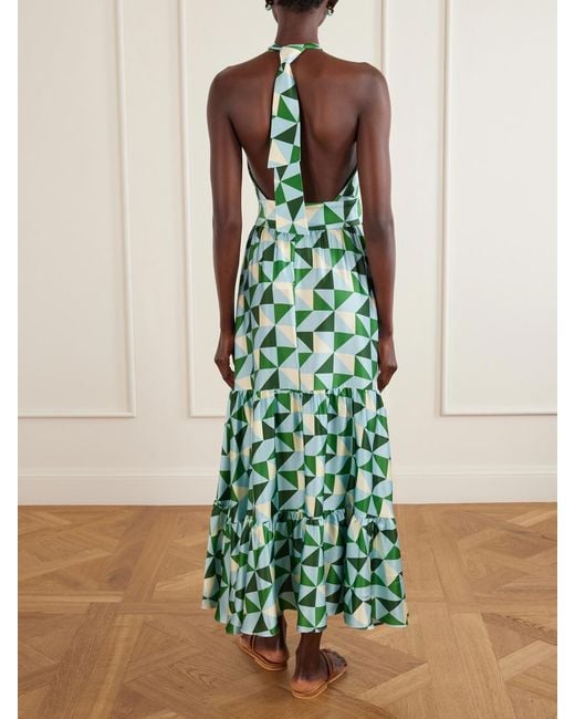 Christiano Marchelli Green Anna Printed Silk-Blend Satin Halterneck Maxi Dress