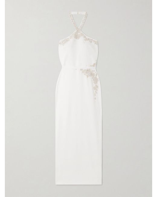 Miss Sohee White Ara Embellished Crepe Halterneck Gown