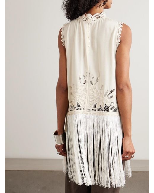 Sea Natural Adelina Tie-Side Fringed Lace-Paneled Woven Top