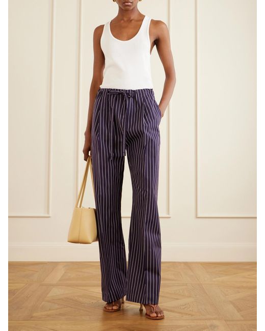 Another Tomorrow Blue Striped Cotton-Poplin Straight-Leg Drawstring Pants