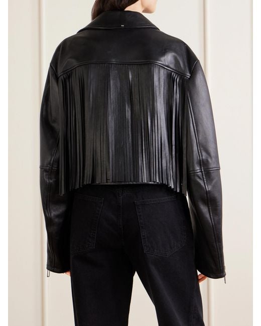 Sportmax Black Cropped Fringed Nappa Leather Biker Jacket