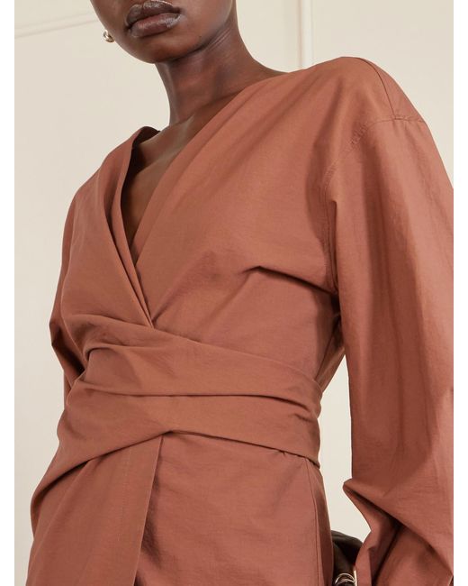 Brunello Cucinelli Brown Embellished Cotton-Blend Midi Wrap Dress