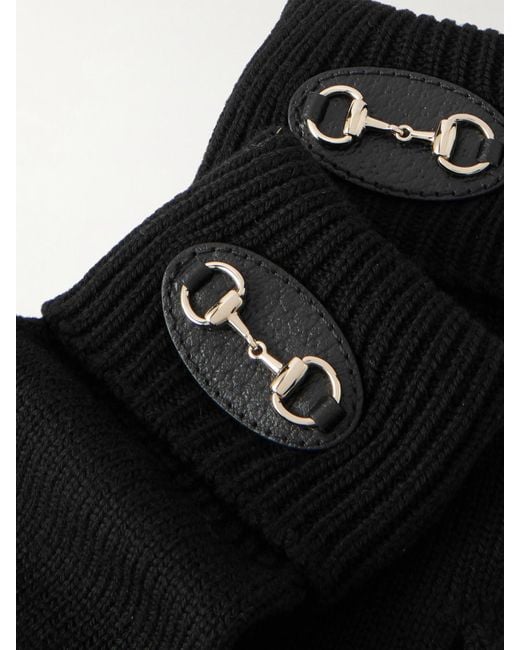 Gucci Black Horsebit-Detailed Leather-Trimmed Wool Gloves