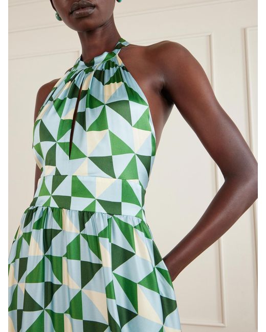 Christiano Marchelli Green Anna Printed Silk-Blend Satin Halterneck Maxi Dress