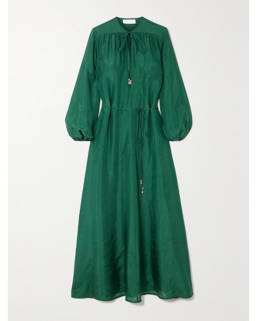 Zimmermann Green Net Sustain Junie Billow Belted Organic Silk Midi Dress