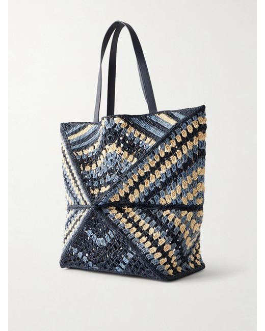 Loewe Blue Paula's Ibiza Puzzle Fold Large Leather-Trimmed Raffia Shoulder Bag