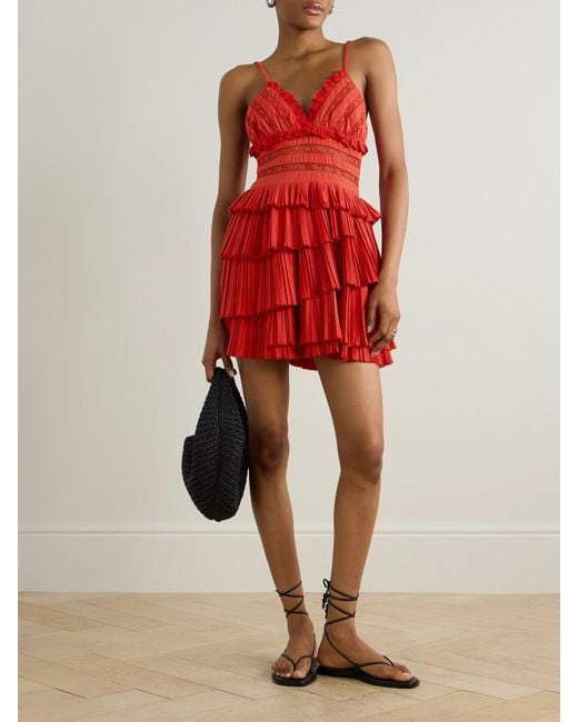 Sea Antonina Broderie Anglaise-Trimmed Tiered Pleated Poplin Mini Dress