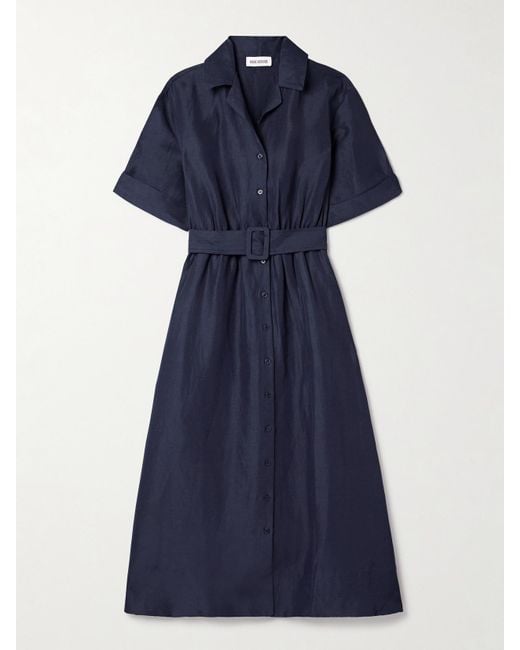 Rosie Assoulin Blue Jane Belted Woven Midi Shirt Dress