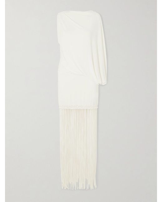Faithfull The Brand White Colmar One-Sleeve Fringed Draped Stretch-Jersey Dress
