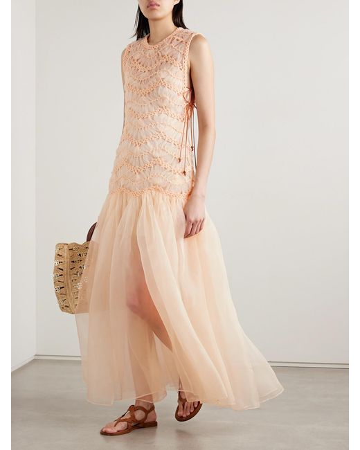 Zimmermann Natural Illuminate Macramé And Tulle-Trimmed Gathered Silk-Organza Gown