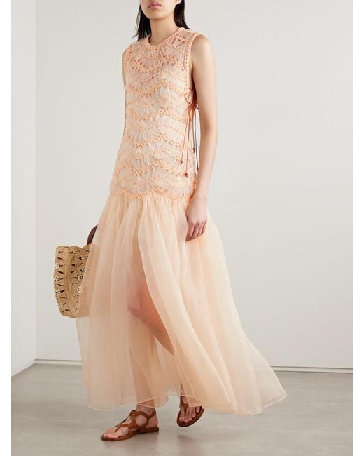 Zimmermann Natural Illuminate Robe Aus Gerafftem Seidenorganza Und Tüll Mit Details Aus Makrameegarn