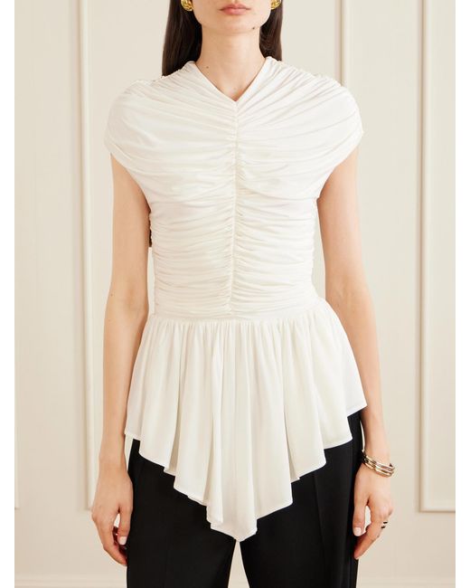 TOVE White Gabor Ruched Ruffled Stretch-Jersey Blouse