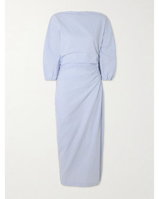 BERNADETTE Blue Ezra Ruched Striped Cotton-Seersucker Midi Dress