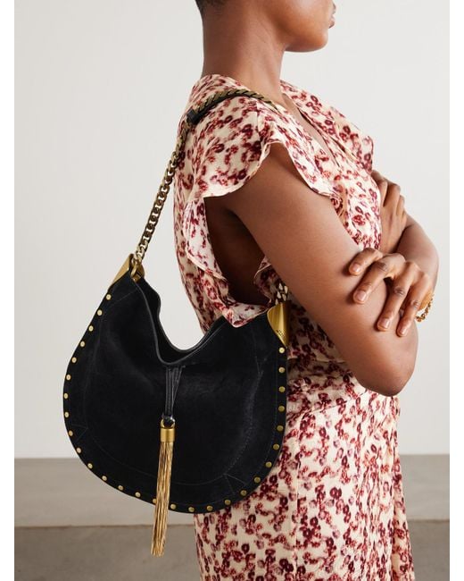Isabel Marant Black Oskan Leather-Trimmed Tasseled Studded Suede Shoulder Bag