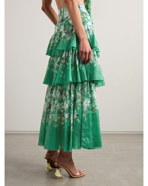 Zimmermann Green Everley Gestufter Maxirock Aus Ramie Mit Blumenprint