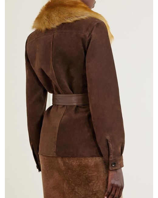 Saint Laurent Brown Belted Shearling And Leather-Trimmed Suede Jacket