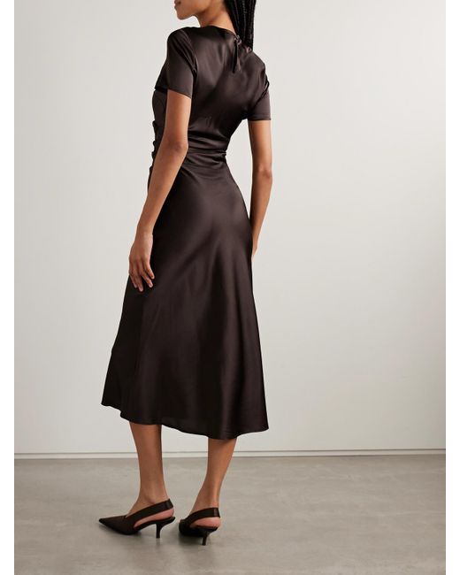 Staud Black Marcel Ruched Stretch-Silk Charmeuse Midi Dress