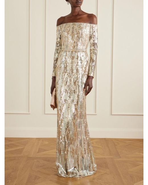 Elie Saab Natural Off-The-Shoulder Sequined Silk-Blend Gown