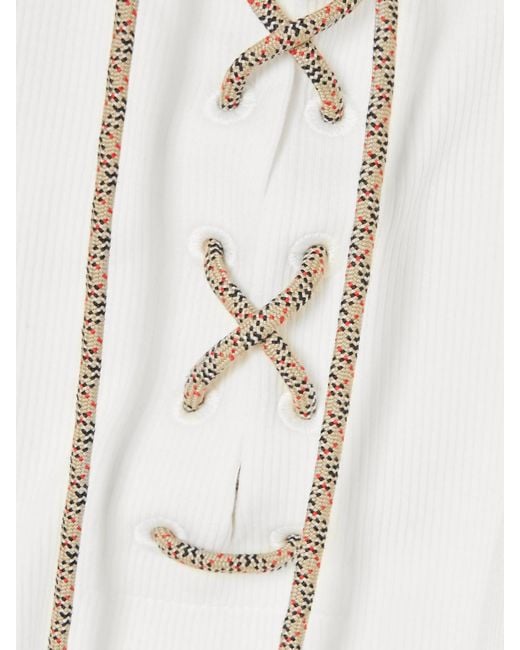 Burberry Natural Lace-Up Embroidered Ribbed Stretch-Cotton Jersey Tank