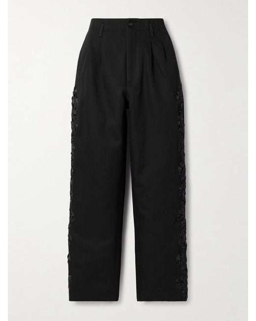 Bode Black Ribbon Garland Satin-Trimmed Pleated Cotton-Twill Wide-Leg Pants