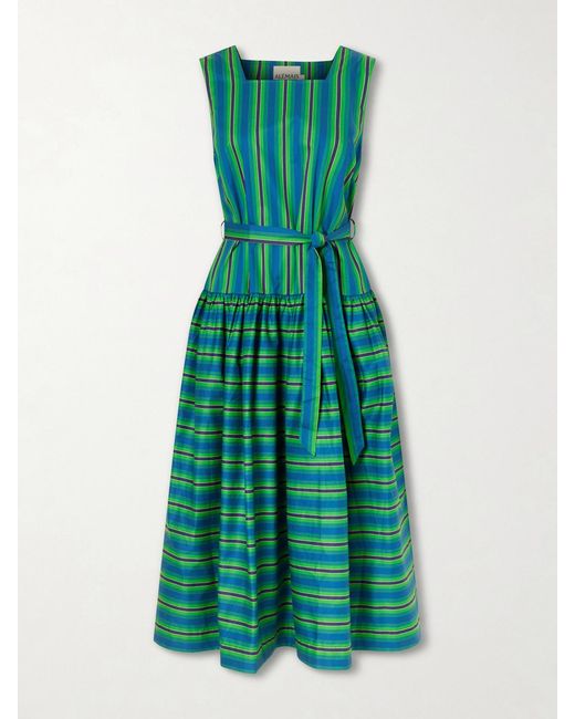 ALÉMAIS Green Margo Belted Striped Organic Cotton-Poplin Midi Dress