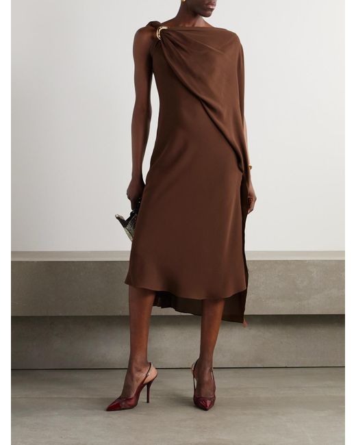 Gucci Brown Midikleid Aus Seiden-Crêpe Mit Cape-Effekt Und Verzierung