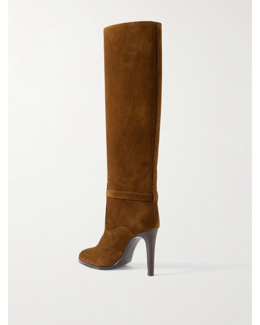 Saint Laurent Brown Diane Kniehohe Stiefel Aus Veloursleder Mit Logodetail