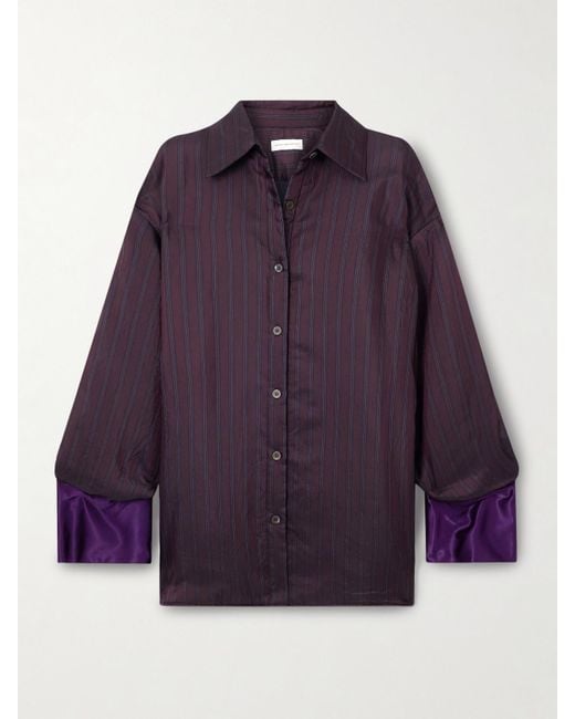 Dries Van Noten Purple Wattiertes Oversized-Hemd Aus Gestreiftem, Glänzendem Twill