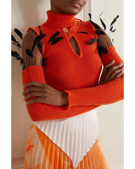 Thebe Magugu Red Convertible Feather-Trimmed Cutout Ribbed Wool Turtleneck Sweater