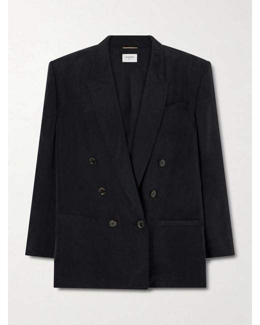 Saint Laurent Blue Double-Breasted Silk-Habotai Blazer
