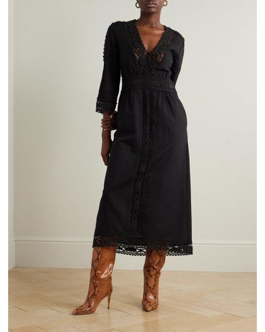 Isabel Marant Black Veona Lace-Trimmed Linen And Cotton-Blend Midi Dress