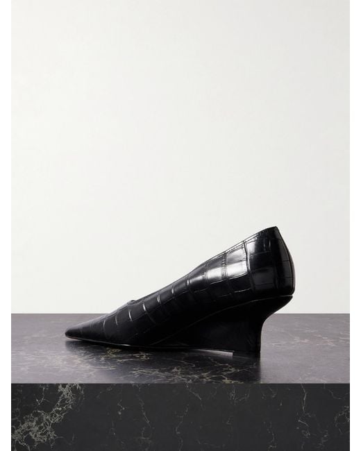Totême Black Croc-Effect Leather Wedge Pumps