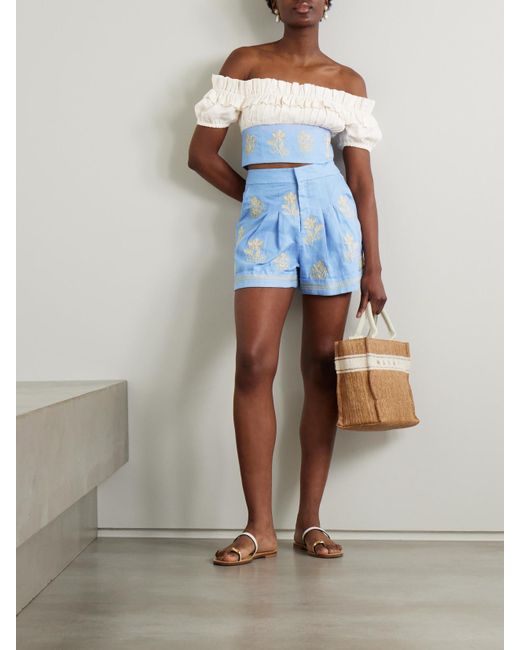 Agua Bendita Blue Pimienta Madera Cropped Off-The-Shoulder Ruffled Embroidered Linen Top