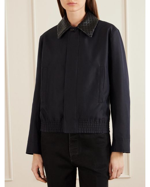 Bottega Veneta Blue Intrecciato Leather-Trimmed Canvas Jacket