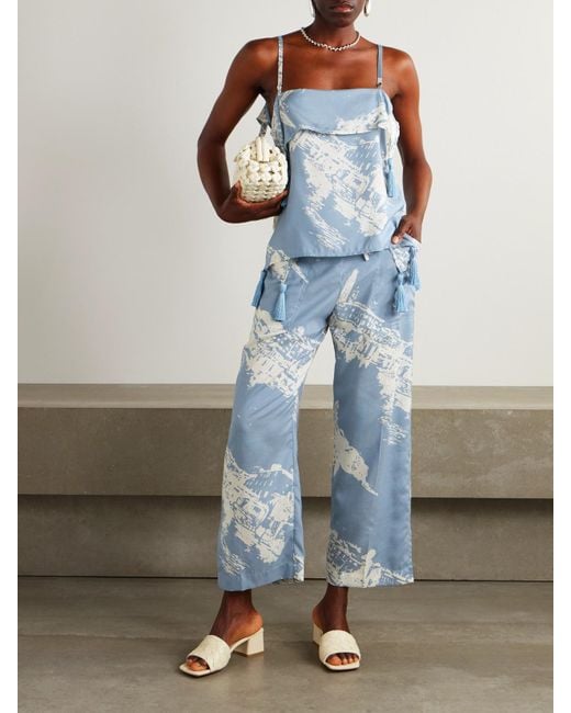 Bottega Veneta Blue Printed Silk And Cotton-Blend Shantung Wide-Leg Pants