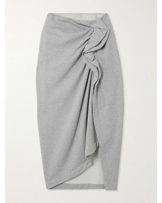 Dries Van Noten Gray Gathered Ruffled Asymmetric Cotton-Jersey Midi Skirt