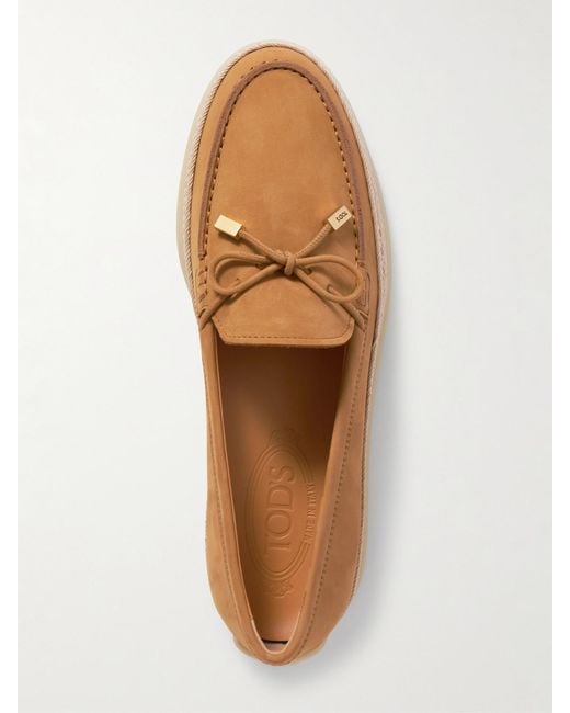 Tod's Brown Gomma Raffia-Trimmed Bow-Detailed Suede Loafers