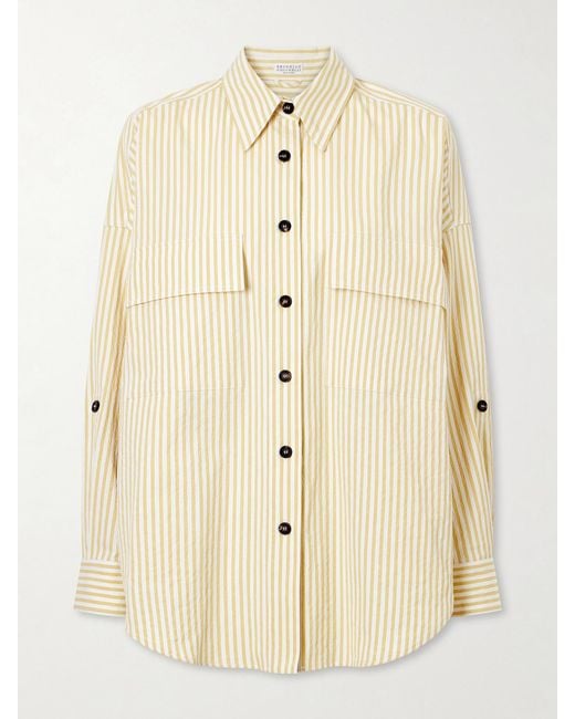 Brunello Cucinelli Natural Striped Printed Cotton-Blend Shirt