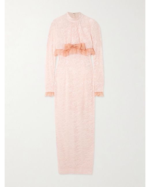 Alessandra Rich Pink Bow-Embellished Ruffled Silk Organza-Trimmed Stretch-Lace Gown